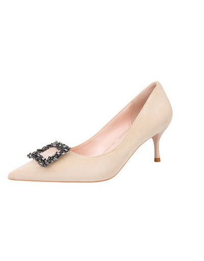 Suede Pointed Diamond Square Buckle Shoes