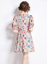 V-neck Slim Waist Floral Dress