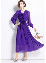 Pleated Three-dimensional Flower Beaded V-neck Dress