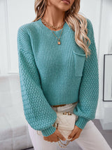 Solid Color Pocket Round Neck Long Sleeve Sweater