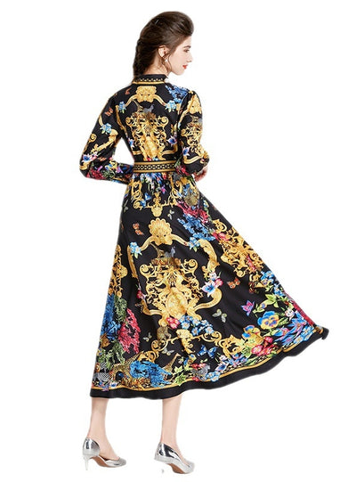 Palace Style Lantern Sleeves Printed Dress