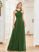 Green Chiffon Pleats Long Prom Dress