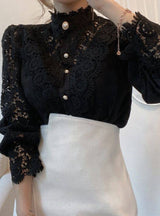 Loose Button Lace Hollow Long Sleeve Shirt