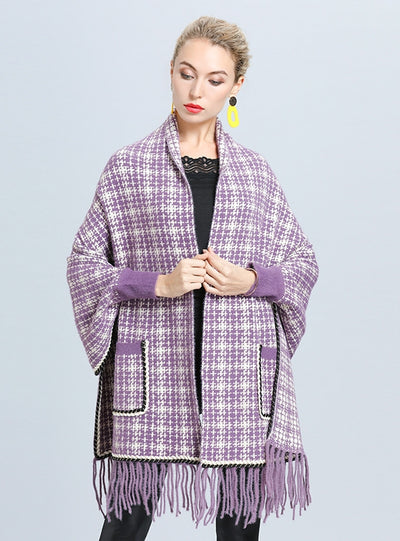 Plaid Loose Mink Bat Sleeve Fringed Shawl