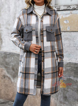 Women Long Sleeve Plaid Shirt Coat