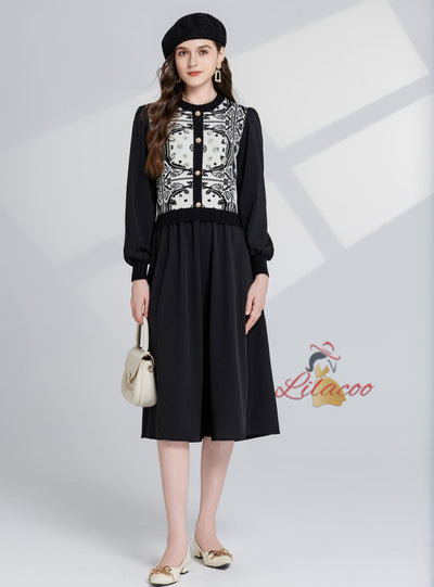 Classical Jacquard Round Neck Long Sleeve Dress