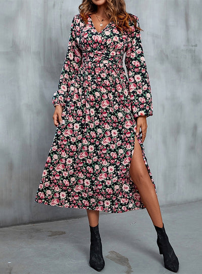 Printed Slit V-neck Long Sleeve Dress