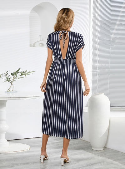 Bat Sleeve Printed V-neck Backless Dress