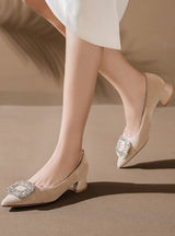 Low Heel Suede Rhinestone Pointed Shoes