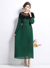 Heavy Industry Beaded Lantern Sleeve Pleated Dress