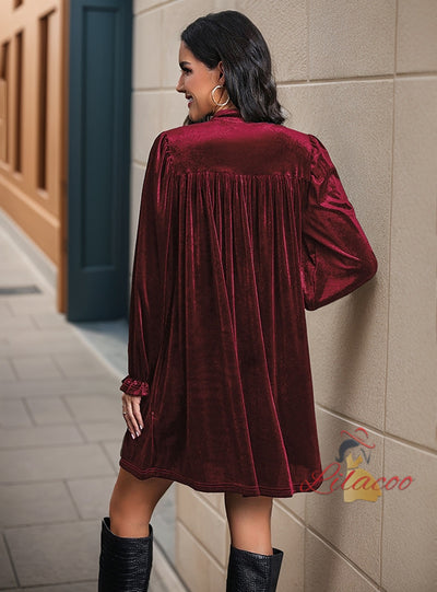 Long Sleeve V-neck Velvet Dress