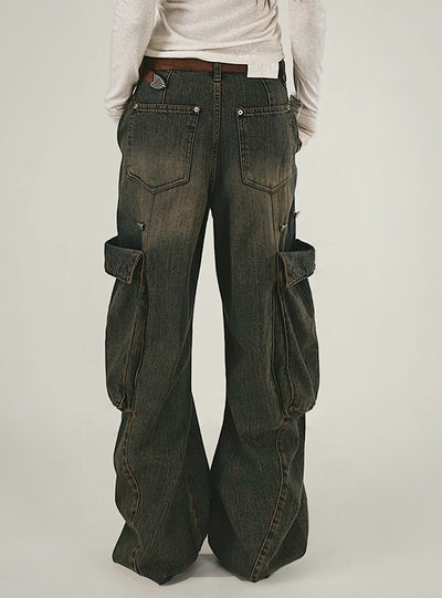 Retro High Waist Big Pocket Stitching Jeans