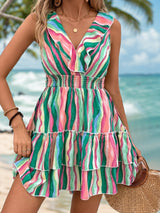 Color Striped Ruffled V-neck Dress