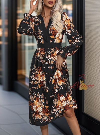 Printed Long Sleeve V-neck Dress