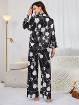 Silk-like Printed Long-sleeved Trousers Suit