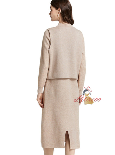 Thickened Semi-high Neck+Long Sleeve Dress Two-piece Suit