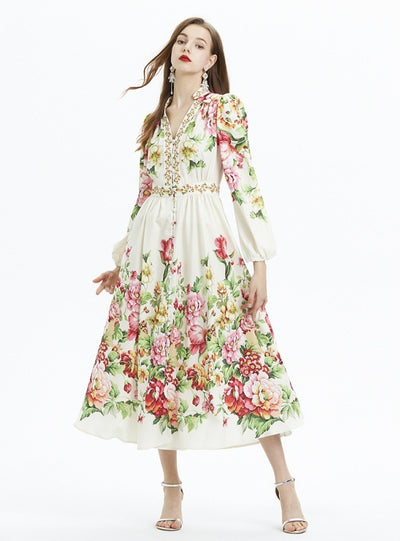 Lantern Sleeve Floral Print Long-sleeved Ruffled Dress