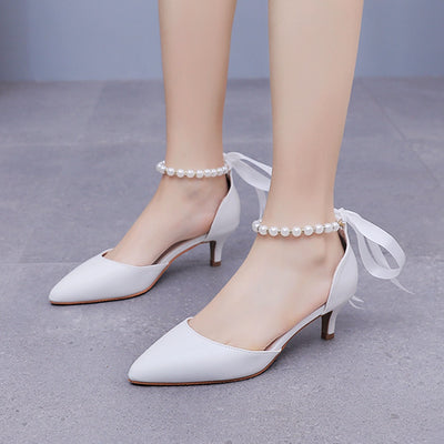 5 cm Thin-heeled Pointed White Beaded Sandals