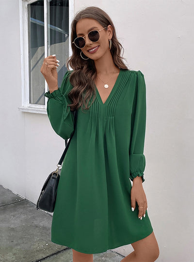 V-neck Pleated Long Sleeve Dress