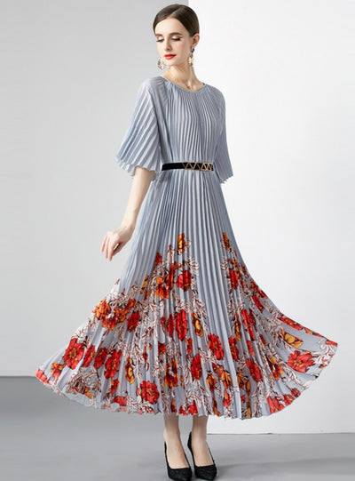 Pleated Belt Printed Dress