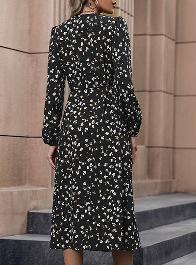 Black Printed V-neck Long Sleeve Dress