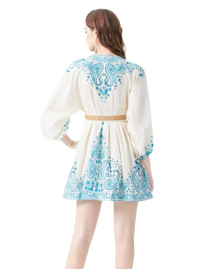 Palace Lantern Sleeve Printed Short Mini Dress