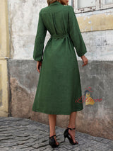 Lapel Green Long Sleeve Solid Color Dress