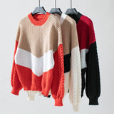 Contrasting Color Round Neck Loose Twisted Sweater