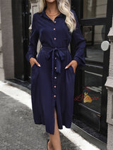 Medium and Long Solid Color Button Lapel Dress