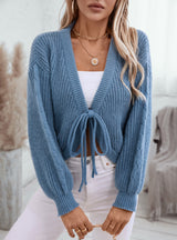 V-neck Loose Solid Color Short Lace-up Sweater