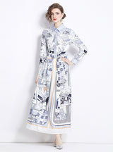 Retro Printed Lapel Long Sleeve Dress