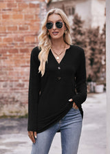 Casual V-neck Button Long Dleeve T-shirt