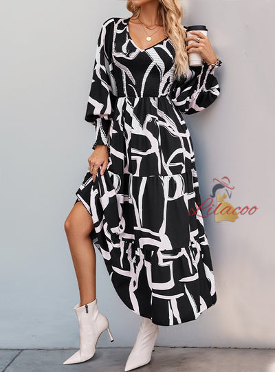 V-neck Geometric Print Long Dress