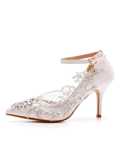 Thin-heeled Pointed White Lace Diamond Wedding Shoes