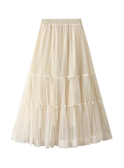 Bow Mesh Cake Elastic Waist Skirt