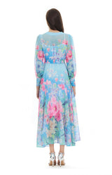 Lantern Sleeve Printed Chiffon Dress