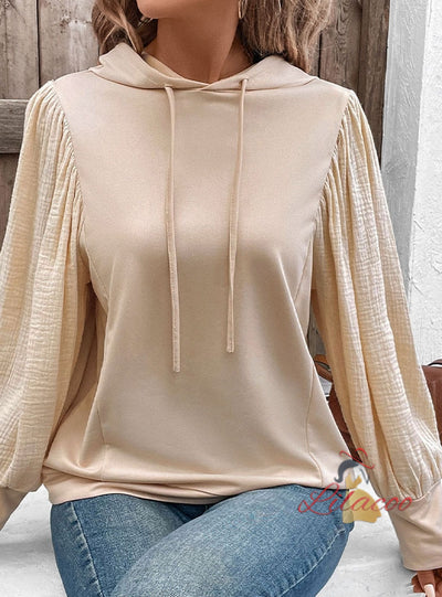 Pullover Hooded Spliced Bubble Sleeve Top