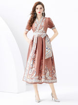 V-neck Lantern Sleeve Retro Print Dress