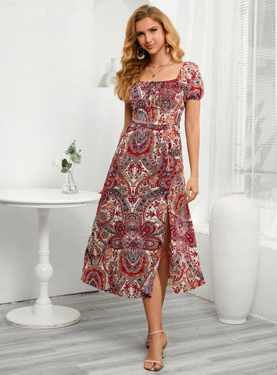 Printed Short Sleeve Split Sleeve Dress