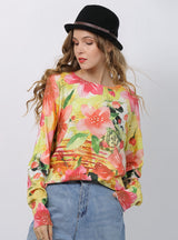 Pink Flower Print Casual Loose Sweater