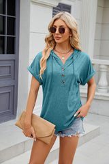 Solid Color Hooded Button Loose Short Sleeve T-shirt