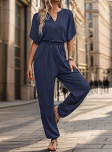 Casual Solid Color Short Sleeve Jumpsuit