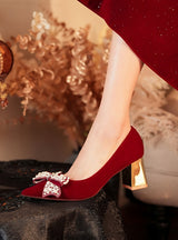 Red Thick Heel Bow Wedding Shoes