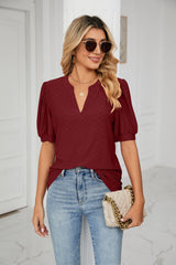 Casual V-neck Hollow Bubble Sleeve Loose T-shirt