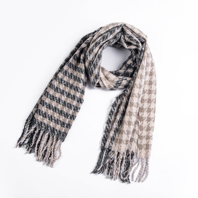 Brown Houndstooth Scarf Fringed Shawl