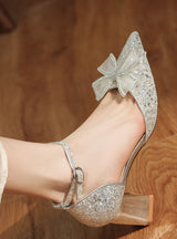 Bow Sequined Thick Heel Wedding Shoes