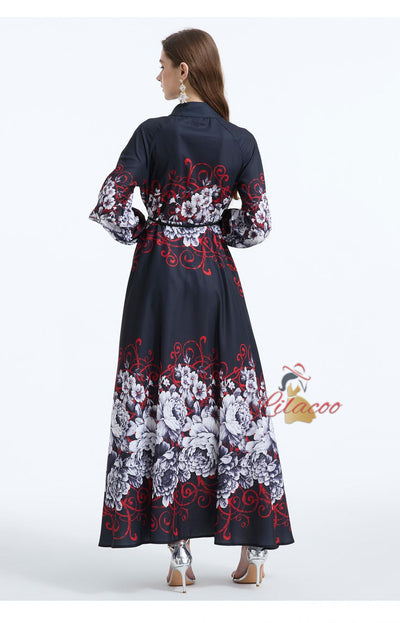 Palace Style Retro Lantern Sleeve Printing Ruffled Dress