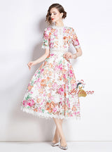 Retro Elegant Lace Stitching Printed Dress