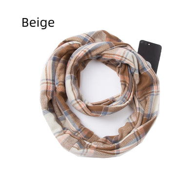 Thickened Pullover Plaid Zipper Pocket Scarf