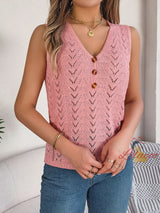 Button V-neck Hollow Sleeveless Sweater